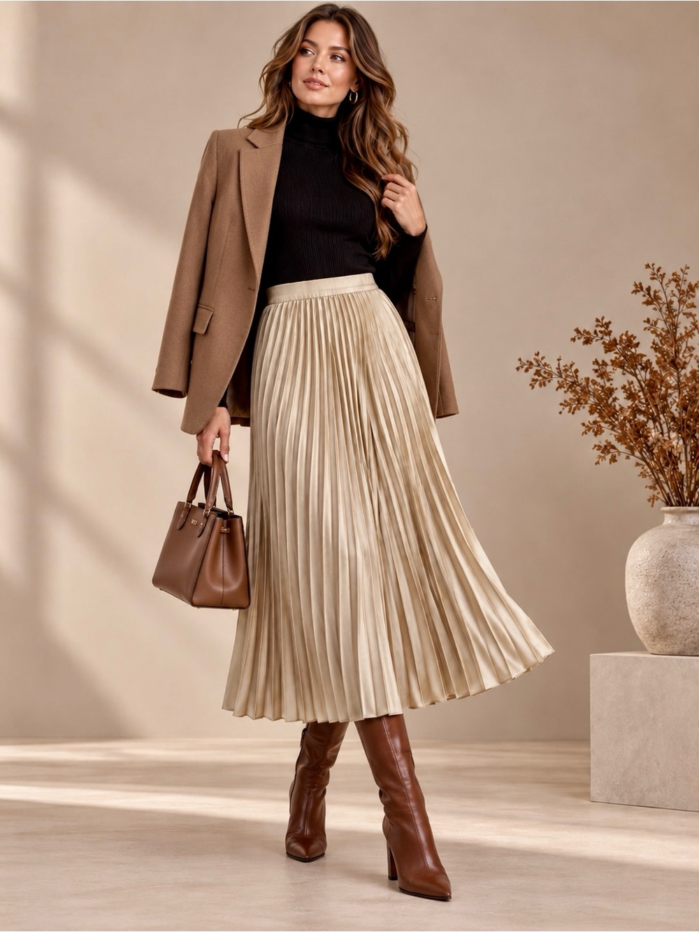 J.Crew Champagne Pleated Midi Skirt XS Metallic Satin Look Elastic Waist
